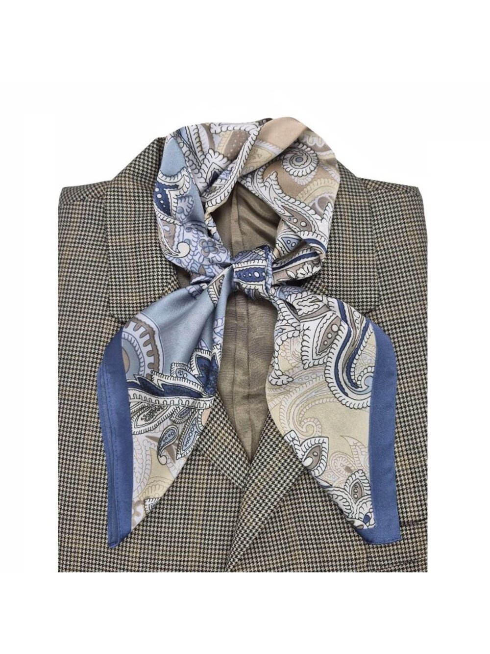 ✨Luxury Elegant Silky Square Scarf Navy Blue Silver Gray Tan Paisley Print Wrap✨